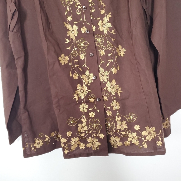 Womens Linen Cotton Top Shirt Size 2X Brown Floral Boho Chic Lagenlook Fall - Picture 3 of 9